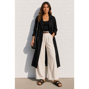 Vintage Silkworms Black Crinkle Duster Coat Oversized Minimalist XL
